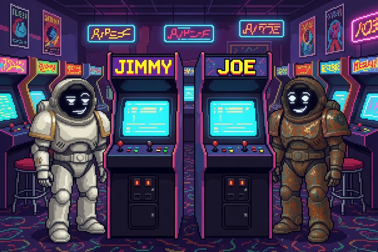 Jimmy and Joe in a neon arcade